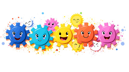 多様なカラフルな歯車キャラクターイラストセット。面白い子供の落書きスタイルのマルチカラーレインボー漫画マシンギアコレクション。フレンドリーなチームワークまたはグループエンジンのコンセプト。