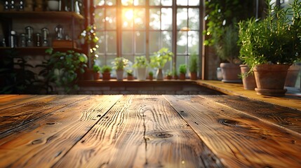  A world of calm and simplicity with the muted backdrop of a blurred summer kitchen window, casting a warm light onto a bleached wooden tabletop. - obrazy, fototapety, plakaty