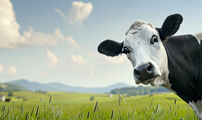 Black and white cow in spring or summer sunny field with green grass and wildflowers. Cattle cow...