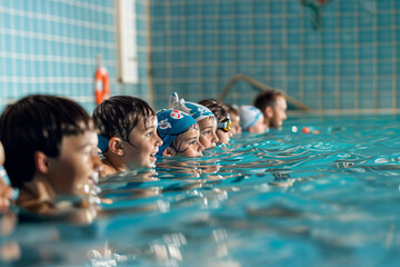Young Swimmers Learning in Pool During Lesson. Generative AI image