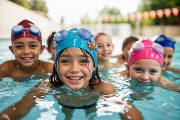 Multiethnic children enjoying a swim together. Generative AI image
