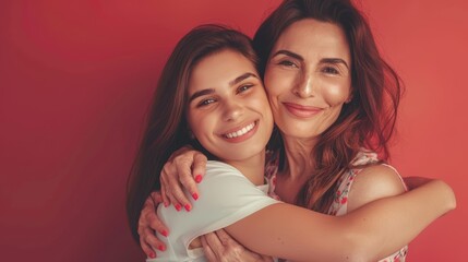 Mother and daughter embracing, smiling on red background. Family and love concept. Studio portrait with space for text.