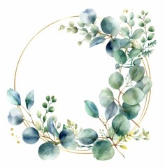Watercolor green eucalyptus and gold circle frame or boarder, simple design in the style of clipart isolated on white background, soft pastel colors, gold glitter.