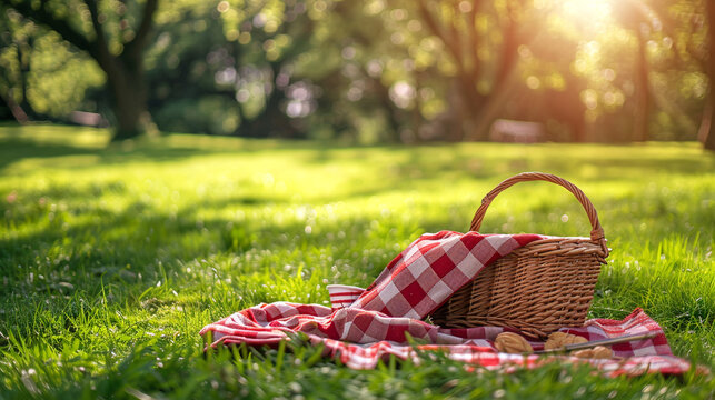 Summer rest on picnic in the park. There is blanket and basket of food on the grass.