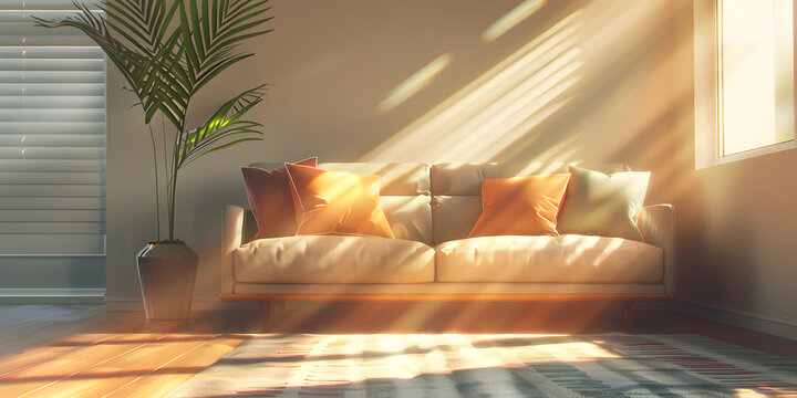 a modern living room with brown sofa and a small plant, in the style of luminous shadows, light beige, photo bashing, matte background, soft edged, modern, nature inspired.
