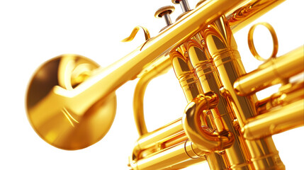 Close up of a trumpet with a white background, showcasing intricate details and craftsmanship