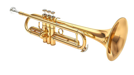 A shining brass trumpet stands boldly against a pristine white backdrop