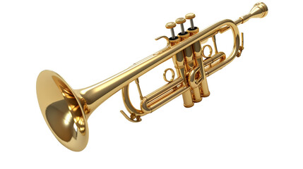 A shiny brass trumpet stands elegantly against a stark white background
