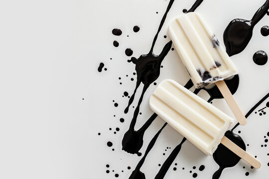 Artistic vanilla popsicles with black chocolate splashes. Generative AI image