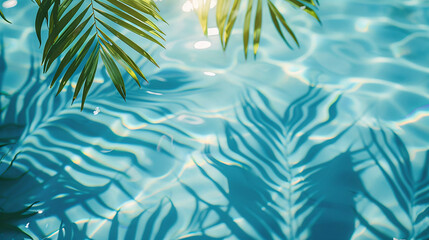 Fototapeta na wymiar Photo of palm leaves from above, which cast a shadow on the clean and transparent sea water. Summer background