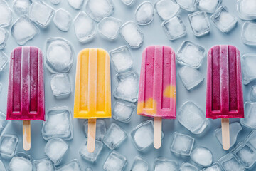 Colorful popsicles on ice with a cool blue background. Generative AI image