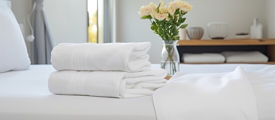 A white rectangle bed with crisp white sheets and towels adorned with a vase of fresh flowers on top. The rooms window allows sunlight to filter in, illuminating the space