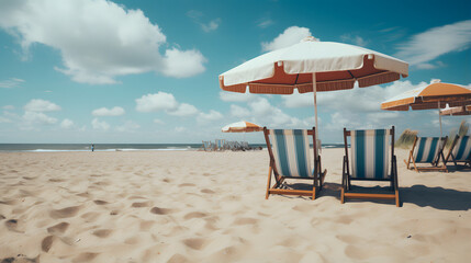 Obraz premium beach with sand and sun loungers with umbrellas