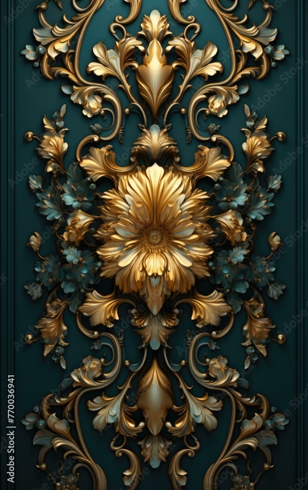 Poster A gold and blue decorative wall with a large flower. Generative AI.