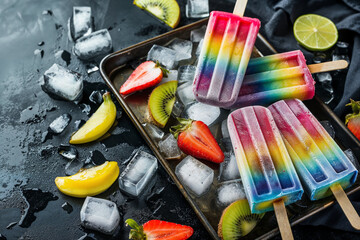 Colorful LGBT homemade fruit popsicles on a dark wet surface. Generative AI image
