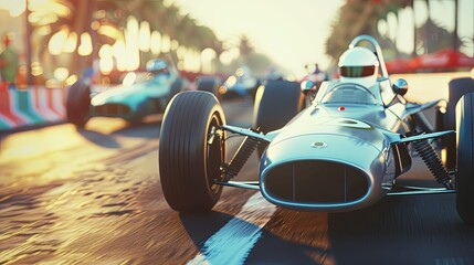Racing cars in readiness for the start on the race track. A car with a helmeted driver is ready to start the race. Illustration for cover, card, postcard, interior design, poster, brochure, etc. - obrazy, fototapety, plakaty