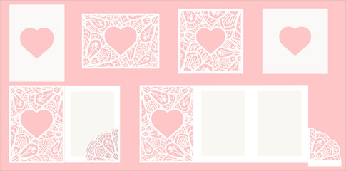 Cute Laser Cut Heart Card Template Set with 5x5 and 5x7 Foldable Paper Pattern Designs