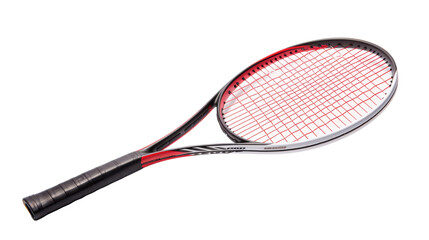 A detailed close-up of a tennis racket on a plain white background, showcasing its intricate design...