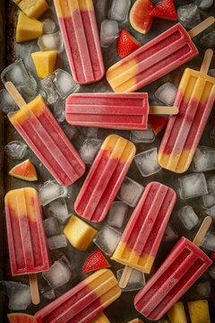 Colorful fruit popsicles on ice with fresh ingredients. Generative AI image