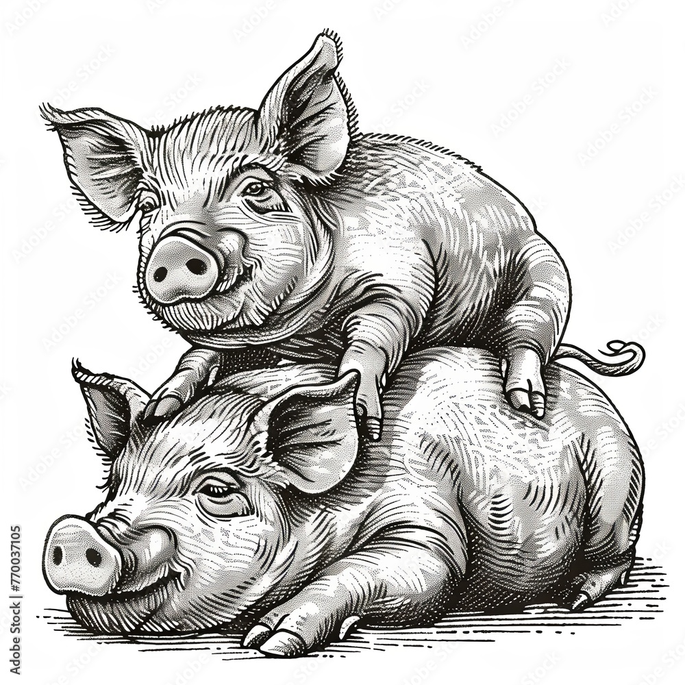 Wall mural A piglet and a sow. Animalism. Imitation sketch print in black and white coloring. Design for cover, card, interior design.