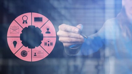 A pink pie chart divided into equal sectors with symbols of distance and regular education on the background of a female silhouette with a pencil. Student visas and diplomas. Cg footage