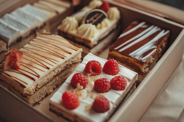 An assortment of delicious pastries and cakes with fresh raspberries