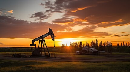 As the sun dips below the horizon, the silhouette of pumping stations and an oil well pumping beam creates a captivating industrial panorama.