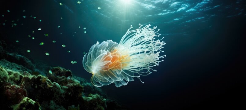 A jellyfish floats in the ocean with a bunch of other sea creatures. Generative AI.