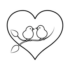 An vector outline of two birds perched on a tree branch, with a heart outline framing them, symbolizing love and companionship