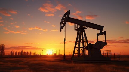 Against the backdrop of the setting sun, the silhouette of pumping stations and an oil well pumping beam creates a powerful industrial vista.