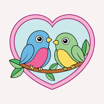 recommend clip art: An vector outline of two birds perched on a tree branch, with a heart outline framing them, symbolizing love and companionship