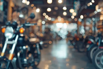 Fotobehang Blured motorcycle salon with various motorcycles close-up © serz72