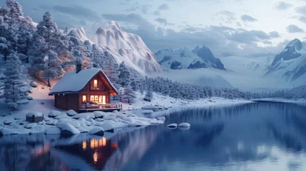 Fotobehang A picturesque winter view unfolds in the photo, with a small and cozy cabin nestled on the snowy shores of a mountain lake, offering a serene haven amidst the snowy magnificence. © GoLyaf