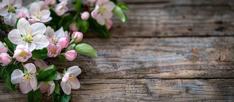Photo of apple blossoms against a rustic wooden background, perfect for postcards, gift cards, etc. The image features dreamy toning and space for adding text.