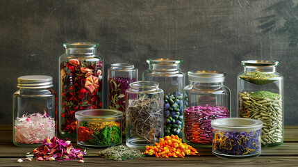 Assortment of Herbal Remedy Ingredients in Glass Jars - obrazy, fototapety, plakaty