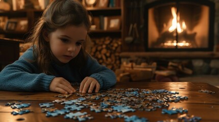 A little girl sitting at a table with pieces of jigsaw puzzle. Generative AI.