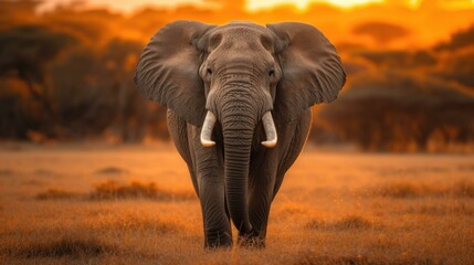An elephant with tusks walking through a grassy field. Generative AI.