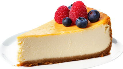 A decadent slice of cheesecake adorned with fresh berries on top