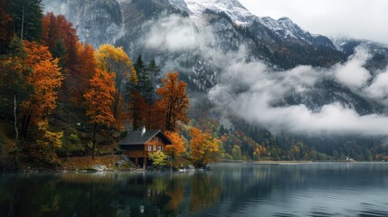 An inviting scene unfolds in the photo, featuring a small and cozy cabin overlooking a tranquil mountain lake, providing a serene sanctuary amidst the grandeur of the mountains.