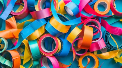 Colorful assorted ribbons on blue background. Craft and decoration concept