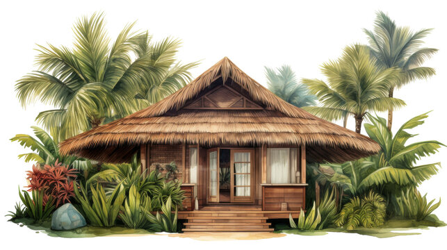 A traditional hut with a thatched roof stands amidst a cluster of lush palm trees in a serene tropical setting