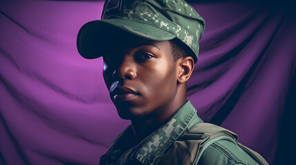 young soldier in uniform is looking towards the american flag - obrazy, fototapety, plakaty