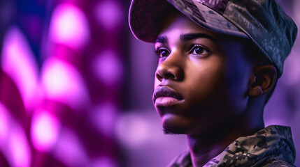 young soldier in uniform is looking towards the american flag
