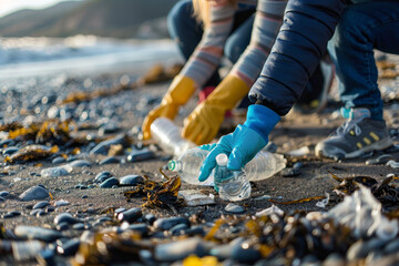 Two people are picking up trash on a beach