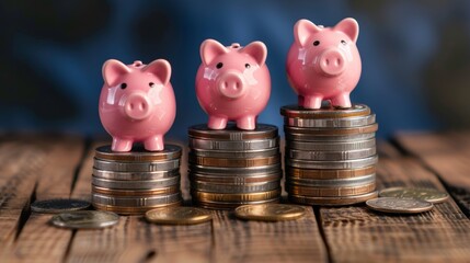 Three pink piggy banks on rising stacks of coins on a wooden surface. Financial growth and savings concept