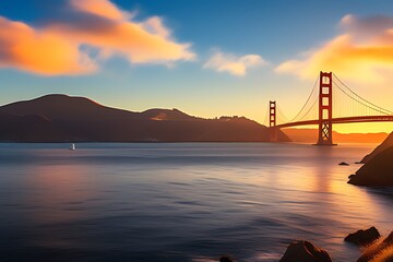 Generative ai. a view of a bridge over a body of water at sunset, san francisco, golden gate, golden gate bridge, bay area, photograph of san francisco - obrazy, fototapety, plakaty