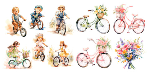 Children Girls Kids with bicycle .Girl riding a bike. Child on outside walk. Watercolor clipart isolated on white background. - 770038768