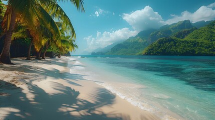  A world of tropical splendor with the mesmerizing beauty of a summer beach, where lush green palm trees frame the backdrop of pristine sands and clear blue waters.