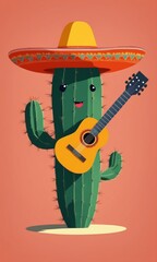 Cactus with sombrero and guitar. Cinco de mayo illustration