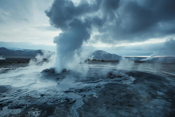 Fototapeta na wymiar A large volcano spewing steam and smoke into the sky